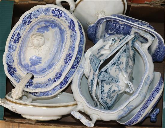 A collection of Staffordshire dogs plus small group of blue and white ceramics